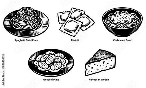Classic Italian Pasta Dishes and Parmesan Cheese Woodcut Vector Set