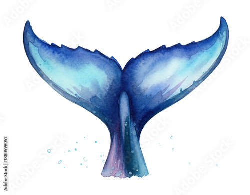 Blue watercolor whale tail illustration with splashes a marine animal element for ocean themed designs