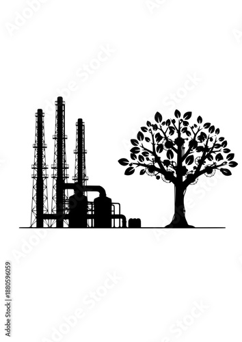 Direct Air Capture DAC Silhouette, Artificial Tree for Carbon Sequestration, Climate Repair and Negative Emissions Technology Vector