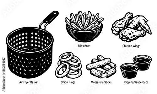 Retro Engraving Set of Fried Fast Food, Appetizers, and Air Fryer Basket.