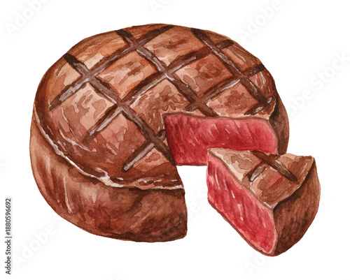 Delicious watercolor illustration of a juicy grilled steak with a perfectly cut slice showing red meat inside