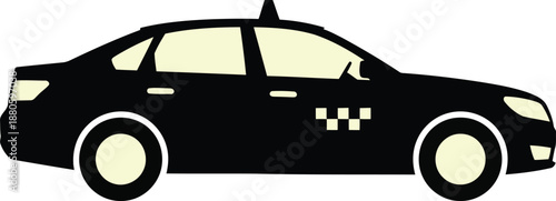 Black sedan taxi with checkerboard pattern and light yellow windows