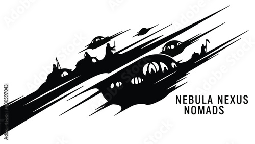 Futuristic spacecraft silhouette soaring through a starry nebula on an interstellar journey.