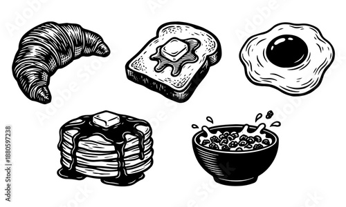 Black and white vintage engraving style icons of classic breakfast foods set.