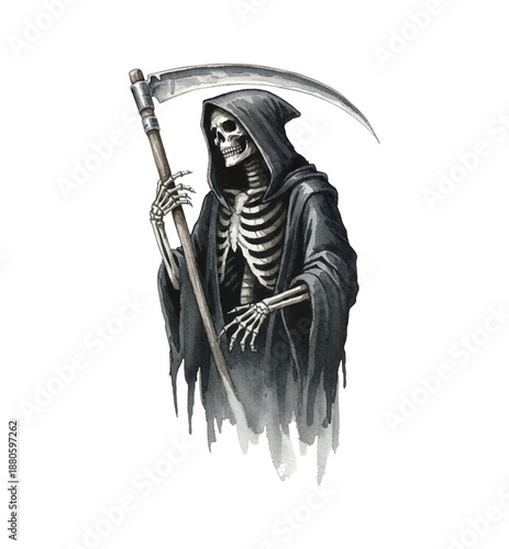 Grim Reaper Skeleton in Dark Hooded Robe Holding a Scythe Ominous Spooky Halloween Watercolor Art