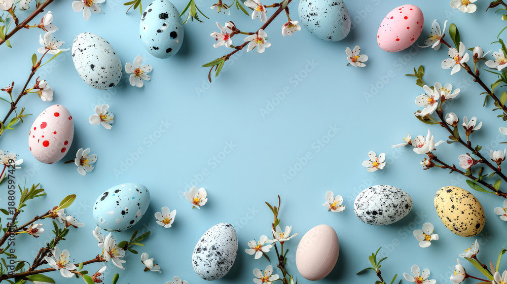 Fototapeta premium Colorful easter eggs with spring flowering branches on blue background. Easter card, mockup, background, frame. Copy space.