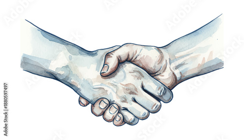 Watercolor illustration of two human hands engaged in a firm handshake expressing cooperation and agreement