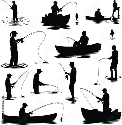 Fishing, silhouettes, anglers, casting, rods, boats, standing, water, lake, river, hobby, sport, outdoor, recreation, isolated, black, vector, illustration, collection, set