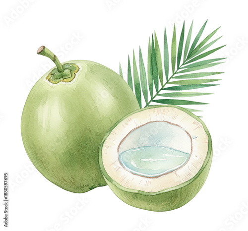 Fresh whole and halved young green coconuts with tropical palm leaf watercolor illustration