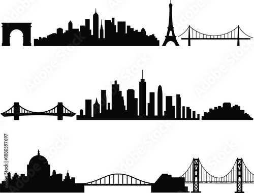 City skyline silhouettes with famous landmarks, bridges and urban architecture, travel destinations concept, modern metropolitan illustration, black vector design