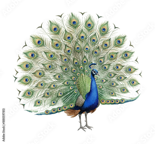 Vibrant Peacock Displaying Its Magnificent Fanned Tail Feathers in a Beautiful Detailed Illustration on White