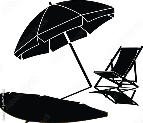Black silhouette of beach umbrella deck chair and surfboard