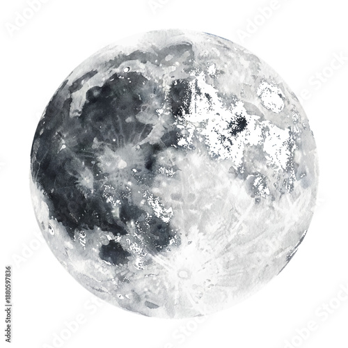 Detailed watercolor moon showing its surface and craters in grayscale on a clean white backdrop