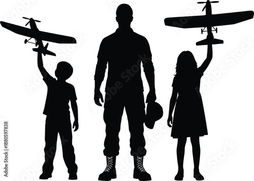 Father with son and daughter holding toy airplanes silhouettes showing childhood dreams aviation family inspiration military pilot future illustration