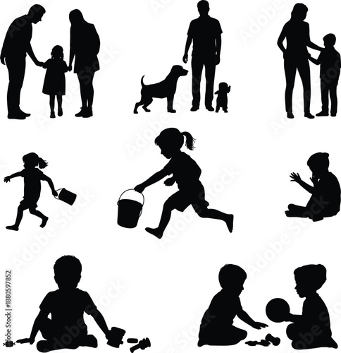 Family and children silhouettes collection, parents with kids, daily activities, playtime moments, black human figures isolated on white background