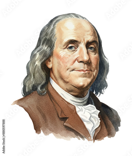 Distinguished Caucasian Man Benjamin Franklin in Watercolor Portrait with Thoughtful Expression and Historical Attire
