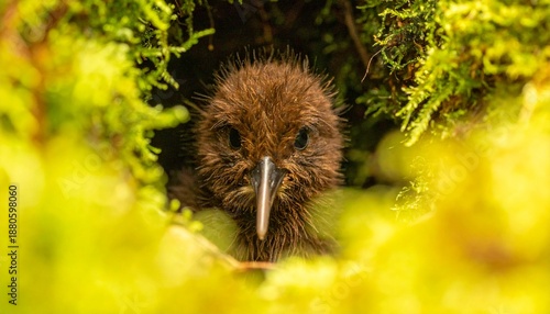 Close-up Portrait of a Brown Kiwi Chick Peeking from Burrow