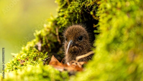 Close-up Portrait of a Brown Kiwi Chick Peeking from Burrow