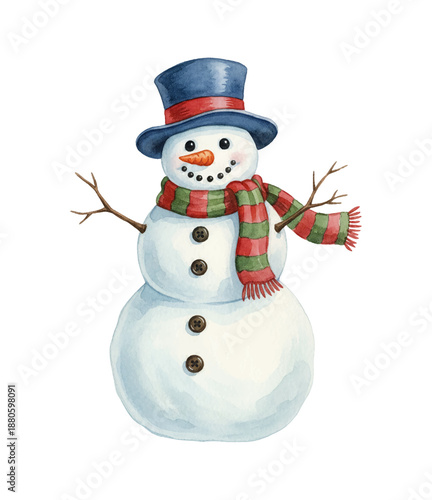 Cheerful Snowman with Blue Top Hat Red Scarf and Twig Arms Watercolor Illustration on White Background