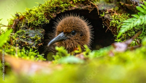 Close-up Portrait of a Brown Kiwi Chick Peeking from Burrow