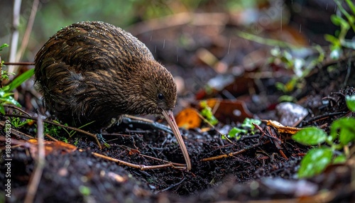 Adult Kiwi Foraging in Damp Rainforest Soil After Rain