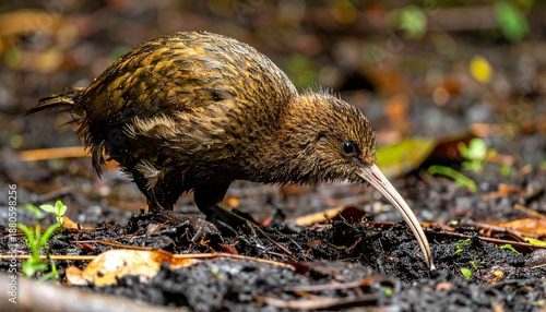 Adult Kiwi Foraging in Damp Rainforest Soil After Rain