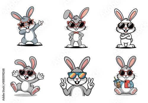 Six cartoon rabbits in various poses wearing sunglasses and accessories bunny character