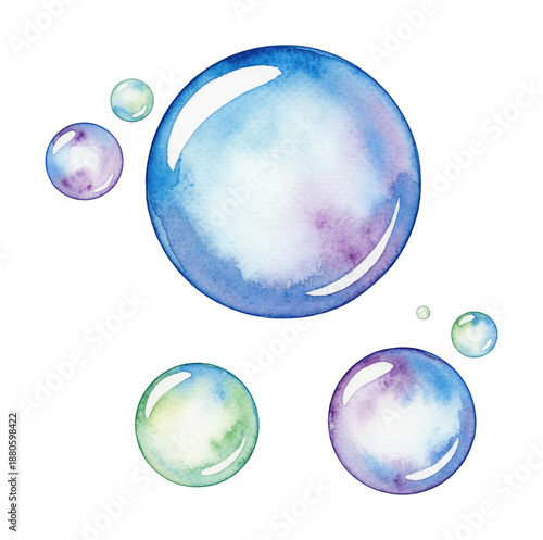 Colorful Watercolor Bubbles Floating with Translucent Blue Green Purple Hues and White Reflections