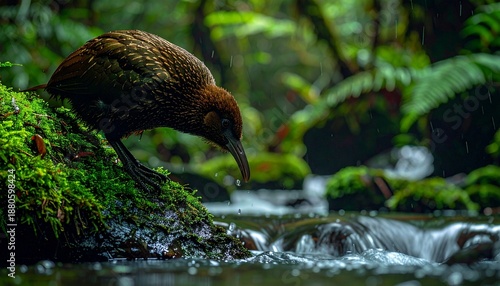 Kiwi Bird Drinking from a Mossy Forest Stream at Twilight