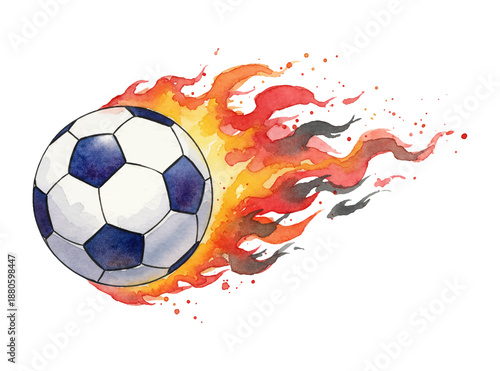 Energetic Soccer Ball with Blazing Fiery Trail and Dynamic Motion Watercolor Style Illustration
