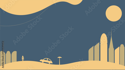 A flat minimalist landscape illustration of a modern golden city skyline under a dark blue night sky with a full moon