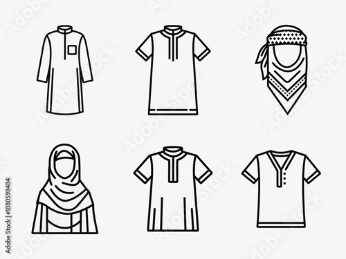 Islamic Modest Fashion Icon Set, Traditional Hijab, Thobe, Kufi, and Abaya Line Art Vector Illustration