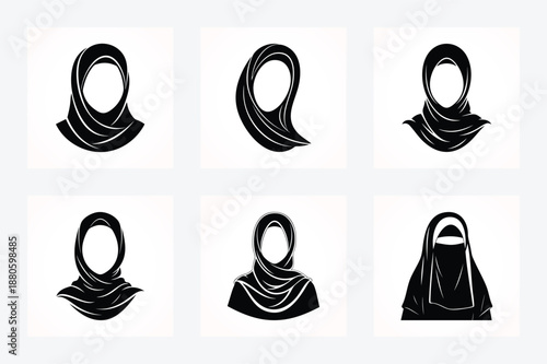 Modern Muslim Woman Hijab and Niqab Icon Set, Minimalist Islamic Modest Fashion Vector Avatars for UI Design and Branding