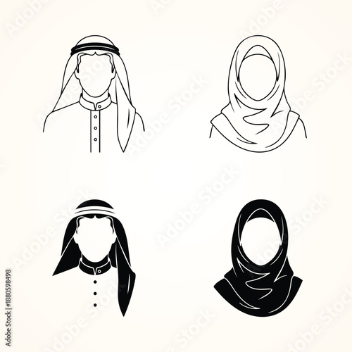 Arabic Muslim Avatar Icon Set, Traditional Middle Eastern Male and Female Profile Avatars