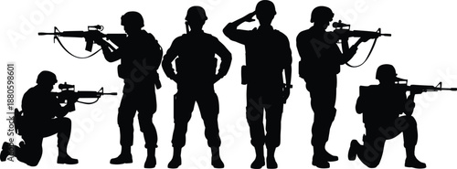 Military soldier squad silhouettes with rifles, armed forces teamwork, combat stance, defense security, tactical patrol illustration isolated white background vector