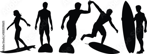 Surfing silhouette, surfboard, surfer, pose, black and white, vector, beach, sport, action, balance, graphic, minimal, isolated, wave, lifestyle, duo, high five, front view, side view, illustration