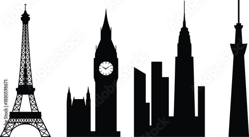 Famous world landmarks silhouettes collection, Eiffel Tower Big Ben skyscrapers city icons, black architecture monuments isolated on white background