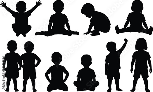 Children silhouettes set in various sitting and standing poses, playful kids activities, childhood development concept, black child figures isolated illustration