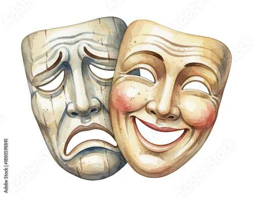 Comedy and tragedy theater masks showing happy and sad expressions in detailed watercolor art