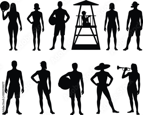 Beach people silhouettes set with lifeguard tower, summer vacation activities, swimming sport figures, seaside leisure concept, black isolated vector illustration