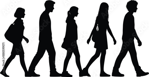Walking, people, silhouettes, men, women, side view, pedestrians, motion, lifestyle, urban, crowd, commute, travel, daily, activity, isolated, black, vector, illustration, set