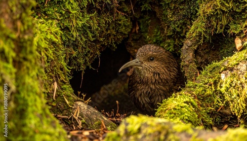 Kiwi Bird Sheltering Among Tangled Southern Beech Tree Roots