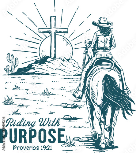 Christian Cowboy Riding Horse Toward Cross Sunset Riding With Purpose Proverbs 19 21 Vintage Vector Illustration