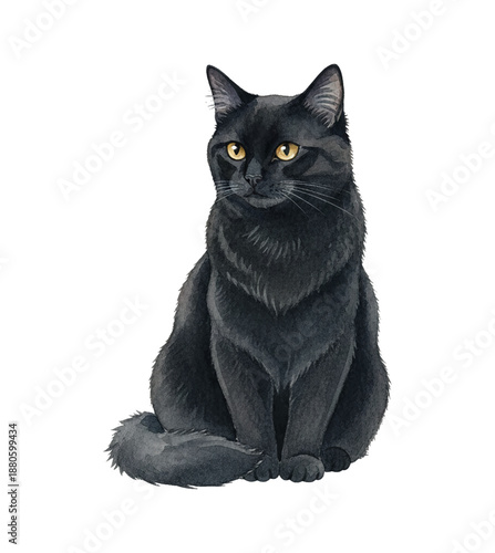 A sleek black cat with striking yellow eyes sits calmly looking to the side detailed watercolor illustration