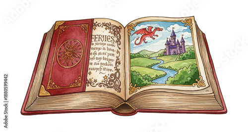 Vibrant Watercolor Illustration of an Open Storybook Featuring a Fantasy Castle and Flying Dragon