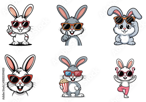 Six cartoon rabbits in different poses wearing sunglasses and holding items bunny character