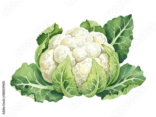 A fresh white cauliflower head surrounded by vibrant green leaves a healthy vegetable watercolor illustration