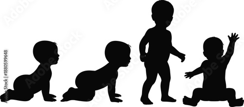 Baby movement silhouettes, crawling pose, sitting baby, standing infant, black illustration, developmental stages, child growth, posture set, toddler motion, infant activity