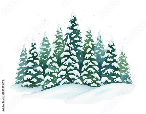 Watercolor painting of a serene winter forest with snow covered evergreen trees and falling snowflakes