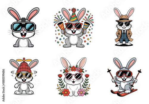 Six cartoon rabbits in various activities and outfits with sunglasses bunny character